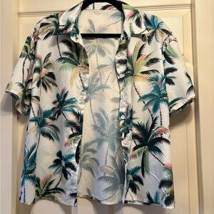 SHEIN White Short-Sleeve Palm Print Shirt